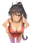  1girl bangs black_hair blush breasts cleavage commentary_request green_eyes grin hair_between_eyes hair_ribbon hands_on_hips homura_(senran_kagura) large_breasts long_hair looking_at_viewer off_shoulder one_eye_closed ponytail red_tank_top ribbon senran_kagura simple_background smile solo tan tank_top very_long_hair white_background white_ribbon yaegashi_nan 