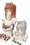  2girls :q alternate_hairstyle animal_ear_fluff animal_ears bowl bright_pupils brown_hair candy chocolate chocolate_on_face closed_mouth commentary cooking english_text food food_on_face grey_hair hair_between_eyes heart heart-shaped_chocolate highres holding holding_bowl holding_spoon holo koide_7285 light_blush long_hair looking_at_food looking_down mother_and_daughter multiple_girls myuri_(spice_and_wolf) ponytail red_eyes shirt short_sleeves sidelocks simple_background sleeves_rolled_up spice_and_wolf spoilers spoon straight_hair tongue tongue_out tsurime upper_body v-shaped_eyebrows valentine white_background white_shirt wide_sleeves wolf_ears wolf_girl wooden_spoon 