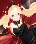  1girl absurdres blonde_hair blush bow cloak dress earrings ereshkigal_(fate) fate/grand_order fate_(series) hair_bow highres hoop_earrings jewelry parted_bangs red_cloak red_eyes red_ribbon ribbon skull_ornament smile solo tiara tricheska two_side_up 