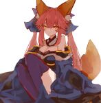  1girl absurdres animal_ear_fluff animal_ears bare_shoulders blue_kimono blue_thighhighs blush bow breasts cleavage detached_sleeves fate/grand_order fate_(series) fox_ears fox_girl fox_tail gin_(yza_foxxhermit) hair_ribbon highres japanese_clothes kimono large_breasts long_hair looking_at_viewer pink_hair ribbon solo split_ponytail tail tamamo_(fate) tamamo_no_mae_(fate/extra) thighhighs yellow_eyes 
