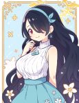  alternate_costume bare_arms bare_shoulders black_hair blue_archive breasts brooch closed_mouth commentary dangle_earrings earrings flower flower_brooch flower_earrings hair_over_one_eye halo high-waist_skirt hinata_(blue_archive) jewelry large_breasts light_blue_dress long_hair onyhakase red_eyes ribbed_sweater skirt sleeveless sleeveless_sweater smile sweater swept_bangs turtleneck turtleneck_sweater upper_body very_long_hair wavy_hair white_sweater 