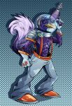 2020 4_fingers activision ambiguous_gender anthro beak biped clothing crash_bandicoot_(series) dotted_background electronics fingers fluffy fluffy_tail full-length_portrait fur gloves handwear headphones hi_res holding_object holding_weapon lamaranias looking_at_viewer orange_beak pattern_background portrait purple_body purple_fur ranged_weapon raygun simple_background solo spacesuit standing stench_(crash_bandicoot) tail titan_(crash_bandicoot) weapon