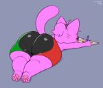  2021 anthro big_butt bike_shorts biped blue_background bottomwear butt clothing domestic_cat edit felid feline felis frumples frumples_(character) hair lying male mammal on_front overweight overweight_anthro overweight_male pan-african_colors pawpads pencil_(object) pink_pawpads ponytail purple_body purple_hair rear_view shorts simple_background solo thick_thighs 