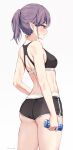  1girl arms_at_sides artist_name ass back bare_arms bare_shoulders black_shorts black_sports_bra blush breasts can commentary cowboy_shot criss-cross_back-straps dolphin_shorts from_side hair_behind_ear hair_between_eyes half-closed_eyes high_ponytail highres holding holding_can kaetzchen looking_afar looking_ahead median_furrow medium_breasts medium_hair misaki_(kaetzchen) nape original parted_bangs parted_lips pocari_sweat pointy_ears profile purple_eyes purple_hair short_ponytail short_shorts shorts signature simple_background solo sports_bra standing straight_hair sweat symbol-only_commentary thighs underbutt white_background 