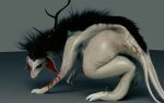 3d_(artwork) 5:4 alien all_fours antlers big_butt butt claws digital_media_(artwork) failsafe272 female feral fur fur_markings grey_body grey_fur hi_res horn kivouackian long_claws long_ears looking_at_viewer markings multi_tail scar shadow short_fur simple_background solo stiches tail white_eyes winifred_(fennah) wounded