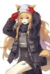  1girl :d absurdres animal_ears arknights bangs black_coat black_footwear black_scarf black_skirt blonde_hair boots braid ceobe_(arknights) ceobe_(unfettered)_(arknights) chain coat dog_ears dog_girl dog_tail dogdogbhh ears_through_headwear eyebrows_visible_through_hair fang gloves high-waist_skirt highres knee_boots leg_up long_hair long_sleeves looking_at_viewer official_alternate_costume open_clothes open_coat open_mouth oripathy_lesion_(arknights) red_eyes red_gloves scarf simple_background skirt smile solo standing standing_on_one_leg tail twin_braids very_long_hair white_background 