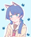  :| animal_ear_fluff animal_ears blue_eyes blue_hair blue_ribbon blush brown_cardigan brown_dress cardigan cat_symbol closed_mouth dark_blue_hair dot_nose dress embarrassed hasu_no_sora_school_uniform highres kemonomimi_mode link!_like!_love_live! long_hair long_sleeves looking_to_the_side love_live! low_twintails mole mole_on_neck murano_sayaka neckerchief open_cardigan open_clothes outline own_hands_together red_neckerchief ribbon sailor_collar sailor_dress school_uniform simple_background sweat sweatdrop tknn0403 twintails white_outline white_sailor_collar 