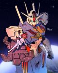  1girl absurdres arm_at_side artist_name black_hairband blue_eyes bodysuit clenched_hand commentary cowlick earth_(planet) english_commentary gundam gundam_aerial gundam_suisei_no_majo hair_between_eyes hairband highres in_orbit looking_up mecha mobile_suit normal_suit open_hand open_mouth outstretched_arm outstretched_arms pilot_suit planet red_hair robot science_fiction short_eyebrows signature smile space spacesuit spread_arms star_(sky) suletta_mercury sumjag teeth thick_eyebrows upper_teeth_only v-fin white_bodysuit zero_gravity 