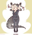  1girl alligator_girl american_alligator_(kemono_friends) arms_up black_hair boots coroha crocodilian_tail fingerless_gloves full_body gloves grey_background grey_hair jacket jumping kemono_friends leather leather_jacket leather_pants long_hair looking_at_viewer multicolored_hair pants ribbon shirt simple_background solo tail two-tone_hair 