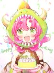  1girl blush cake character_name cleavage_cutout clothing_cutout confetti crbbie dinosaur_hood fang flipped_hair food green_eyes happy_birthday highres indie_virtual_youtuber looking_at_viewer open_mouth pink_hair second-party_source shirt sleeveless sleeveless_shirt smile solo taya_rex thick_eyebrows upper_body virtual_youtuber 