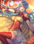  1girl :o aqua_eyes aqua_hair armor breastplate cape commentary_request dress eirika_(fire_emblem) fire_emblem fire_emblem:_the_sacred_stones fujikawa_arika gloves highres holding holding_sword holding_weapon long_hair looking_at_viewer rapier red_dress red_gloves red_thighhighs short_sleeves shoulder_armor sidelocks skirt solo sword thighhighs weapon white_skirt 