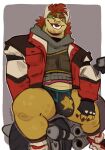 2024 anthro big_bulge big_muscles biker border bowser bulge claws clothed clothing crop_top eyebrows facial_hair facial_piercing fingerless_gloves footwear gloves grey_background hair handwear haps hi_res hoodie horn jacket koopa looking_at_viewer male mario_bros motorcycle muscular muscular_anthro muscular_male narrowed_eyes nintendo nose_piercing nose_ring open_clothing open_jacket open_mouth open_smile open_topwear piercing ring_piercing scalie shirt shoes signature simple_background sitting smile socks solo stubble teeth thick_thighs topwear underwear vehicle white_border