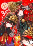  1boy 1girl black_cape black_hair blush brother_and_sister cape collared_cape family_crest fate/grand_order fate_(series) gloves hair_between_eyes hat highres jacket letterman_jacket long_hair long_sleeves looking_at_viewer low_ponytail medallion military_hat mini_nobu_(fate) oda_nobukatsu_(fate) oda_nobunaga_(fate) oda_nobunaga_(koha-ace) oda_uri open_mouth peaked_cap ponytail popped_collar red_eyes shako_cap siblings sidelocks smile twitter_username v yui_(tamagohan) 