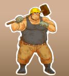  1boy artist_request bara beard_stubble belly black_tank_top blush construction_worker covered_nipples dirty dirty_clothes dirty_face facial_hair full_body gloves hammer hard_hat helmet holding holding_hammer looking_at_viewer male_focus mature_male muscular muscular_male original outline pants pectoral_cleavage pectorals plump sanpaku short_hair sidepec smile solo standing strongman_waist stubble tank_top thick_eyebrows white_outline 