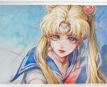  1girl bishoujo_senshi_sailor_moon blonde_hair blue_eyes blue_sailor_collar bow choker circlet commentary_request derivative_work earrings eyelashes jewelry karin_park korean_commentary magical_girl on_ground painting_(medium) red_bow red_choker red_lips sailor_collar sailor_moon sailor_senshi_uniform screenshot_redraw shadow signature solo traditional_media tsukino_usagi twintails upper_body watercolor_(medium) 