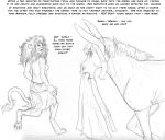  amanda_(tcitw) anthro arania asinus bottomwear breasts carla_(tcitw) clothed clothing comic dialogue digitigrade donkey duo english_text equid equine felid female feral greyscale hair herm_(lore) lion mammal mane monochrome pantherine skirt text the_cabin_in_the_woods_(arania) torn_clothing 