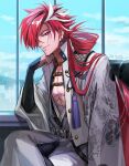  1boy belt closed_mouth dated earrings fate/grand_order fate_(series) fon-due_(fonfon) hair_over_one_eye japanese_clothes jewelry long_hair looking_at_viewer male_focus multicolored_hair pectorals red_eyes red_hair solo streaked_hair takasugi_shinsaku_(fate) very_long_hair white_hair 
