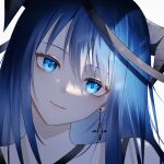  1girl arknights bangs blue_eyes blue_hair blush breasts cleavage close-up earrings eyebrows_visible_through_hair halo head_tilt highres horns jewelry liuyoumu long_hair looking_at_viewer mostima_(arknights) portrait simple_background smile solo white_background 