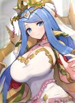  1girl absurdres blue_eyes blue_hair blurry blurry_background bracelet breasts choker cleavage closed_mouth commentary_request dress fire_emblem fire_emblem_engage gonzarez headpiece highres jewelry large_breasts long_hair looking_at_viewer lumera_(fire_emblem) smile solo white_dress yellow_choker 