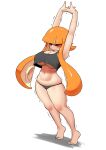  1girl arms_up bare_legs barefoot black_bra black_panties blunt_bangs blush bra breasts closed_mouth commentary_request full_body highres inkling inkling_girl inkling_player_character interlocked_fingers large_breasts long_hair motion_lines navel one_eye_closed orange_hair panties pero_(pero7762) pointy_ears red_eyes simple_background solo splatoon_(series) stomach stretching suction_cups tentacle_hair twintails underboob underwear underwear_only very_long_hair white_background 