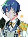  1boy ;) blue_eyes blue_hair earphones epaulettes gloves ka_i_to0 kaito_(vocaloid) male_focus one_eye_closed project_sekai smile solo sparkle vocaloid white_background 