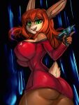  2024 5_fingers anthro big_breasts breasts brown_body brown_fur butt clothing digital_media_(artwork) female fingers fur general-irrelevant green_eyes gun hair hi_res holding_gun holding_object holding_ranged_weapon holding_weapon lagomorph leporid looking_at_viewer mammal open_mouth rabbit ranged_weapon red_clothing red_hair simple_background smile solo star_trek tail weapon wonderbunny 
