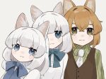  3girls :3 animal_ear_fluff animal_ears bangs blue_eyes blunt_bangs brown_eyes brown_hair brown_vest cat_ears cat_girl commentary green_shirt grey_background hair_between_eyes highres looking_at_viewer medium_hair multiple_girls necktie original personification photo-referenced shirt short_hair simple_background smile someyaya striped striped_shirt vertical-striped_shirt vertical_stripes vest white_hair white_necktie white_shirt 