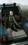  1girl artist_name assault_rifle beanie blonde_hair blue_eyes blue_pants brown_footwear coat dated dead-robot fn_scar grass green_coat ground_vehicle gun hat holding holding_gun holding_weapon license_plate looking_at_viewer mixed-language_commentary motor_vehicle on_vehicle original pants pickup_truck rifle rocket_launcher rpg shoes sitting truck watermark weapon 