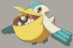  1boy ascot beak bird blonde_hair blue_ascot grey_background male_focus open_mouth pelican pelipper pokemon pokemon_(creature) pokemon_xy siebold_(pokemon) ta_m0ure wings 