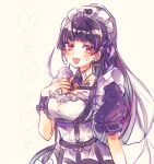  1girl black_hair blush breasts chest_harness detached_collar earrings english_commentary hand_on_own_chest harness heart jewelry long_hair looking_at_viewer maid maid_headdress meiwo_(meiwov0v0) meloco_kyoran meloco_kyoran_(2nd_costume) multicolored_hair multiple_earrings nijisanji nijisanji_en red_eyes solo streaked_hair sweatdrop virtual_youtuber 