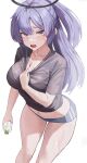  1girl black_buruma black_shirt blue_archive blush bottle breasts buruma cleavage collarbone facial_mark feet_out_of_frame halo highres holding holding_bottle large_breasts long_hair mechanical_halo namtaehyeon1234 navel official_alternate_costume open_mouth ponytail purple_eyes purple_hair shirt short_sleeves simple_background solo star_(symbol) sweat white_background yuuka_(blue_archive) yuuka_(track)_(blue_archive) 