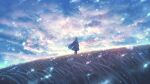  1girl ahoge capelet cloud cloudy_sky dress evening grass grey_capelet grey_dress grey_hair highres long_hair original outdoors sakimori_(hououbds) scenery sky solo standing 