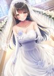  1girl amagi_shino artist_name bare_shoulders blush breasts bridal_veil brown_eyes brown_hair church cleavage commentary_request commission dress earrings elbow_gloves eyebrows_visible_through_hair eyelashes gloves happy highres jewelry large_breasts long_hair looking_at_viewer original ring signature smile solo veil wedding wedding_dress wedding_ring white_dress white_gloves 
