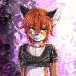  absurd_res anthro black_clothing black_topwear canid canine clothing crop_top english_text fox fur girly hair hi_res male mammal orange_body orange_fur piercing purple_background red_body red_fur red_hair shirt simple_background smile solo text topwear vikifox white_body white_fur yellow_eyes 