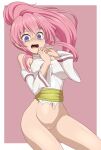  1girl absurdres bare_shoulders blue_eyes bottomless breasts clam_curry detached_sleeves floating_hair hair_between_eyes high_ponytail highres large_breasts long_hair navel open_mouth pink_hair priestess_(tales_of_destiny) pussy solo sweatdrop tales_of_(series) tales_of_destiny tearing_up torn_clothes uncensored 