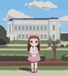 1girl blue_sky bow brown_eyes brown_hair building child cloud dress expressionless hair_bow holding holding_stuffed_toy idolmaster idolmaster_(classic) long_hair looking_at_viewer minase_iori outdoors pink_bow pink_dress pxllb sky solo stuffed_animal stuffed_rabbit stuffed_toy 