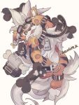  animal animal_focus arm_strap arm_up bone bright_pupils brown_eyes claws clothed_animal fangs fluffy goggles goggles_on_head growlithe highres kanna_(kan419_k) leather_collar lying on_back orange_fur pawpads pokemon pokemon_(creature) smile striped_fur tongue tongue_out twitter_username white_fur yellow_background zipper 