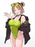  1girl alternate_costume black_jacket black_one-piece_swimsuit breasts choker cleavage collarbone commentary commission covered_navel cowboy_shot double_bun english_commentary eyewear_on_head fukuya_art girls&#039;_frontline green_one-piece_swimsuit hair_bun hand_on_own_hip hand_up highleg highleg_one-piece_swimsuit highleg_swimsuit highres jacket light_brown_hair looking_at_viewer off_shoulder one-piece_swimsuit open_clothes open_jacket open_mouth p90_(girls&#039;_frontline) red_eyes short_hair simple_background skeb_commission smile solo sunglasses swimsuit two-tone_one-piece_swimsuit white_background 
