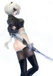  1girl 2b_(nier:automata) ass black_blindfold black_hairband blindfold boots covered_eyes feather-trimmed_sleeves feather_trim gloves hairband highres juliet_sleeves leotard long_sleeves mitsuki_nite nier:automata nier_(series) puffy_sleeves short_hair simple_background solo thighhighs thighhighs_under_boots thong_leotard virtuous_contract white_background white_hair white_leotard 