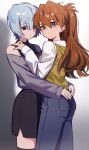  2girls absurdres ayanami_rei black_shirt black_skirt blue_hair blue_pants brown_hair brown_sweater_vest commentary cowboy_shot denim grey_eyes grey_shirt hajikkoneko hand_on_another&#039;s_shoulder hands_on_another&#039;s_waist highres hug jeans long_hair looking_at_viewer multiple_girls neon_genesis_evangelion off_shoulder pants parted_lips pencil_skirt red_eyes shirt short_hair skirt souryuu_asuka_langley sweater_vest symbol-only_commentary white_shirt yuri 
