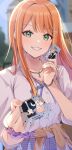  absurdres blue_ribbon blurry blurry_background blush cardigan cardigan_around_waist chain chain_bracelet chain_necklace clothes_around_waist gakuen_idolmaster green_eyes gyaru highres holding holding_photo idolmaster jewelry juu_10 kogal long_hair looking_at_viewer mole mole_under_eye neck_ribbon necklace open_collar orange_hair outdoors photo_(object) pleated_skirt ribbon school_uniform scrunchie shirt shiun_sumika skirt smile straight_hair very_long_hair white_shirt wrist_scrunchie yellow_cardigan 