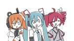  3girls =_= a.i._voice absurdres adachi_rei aqua_hair bare_shoulders black_shirt black_sleeves bow buttons closed_eyes coat commentary double-breasted drill_hair food fried_chicken grey_jacket hair_bow hair_ornament hatsune_miku hatsune_miku_(vocaloid4) headlamp headphones highres holding holding_food jacket jitome kasane_teto kasane_teto_(sv) long_hair multiple_girls open_mouth orange_hair parody radio_antenna red_hair red_trim shirt short_hair shoulder_belt side-by-side side_ponytail simple_background sketch sleeveless sleeveless_shirt solid_oval_eyes synthesizer_v triangle_mouth triple_baka_(vocaloid) turtleneck twin_drills twintails uniform upper_body utau v-shaped_eyebrows v4x very_long_hair vocaloid white_background white_bow white_coat white_eyes white_shirt yasai31 
