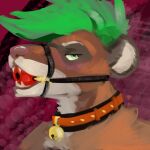  arti ball_gag bdsm bell blush collar domestic_ferret gag green_eyes green_hair hair hi_res male mammal mustela mustelid musteline punk scribblesock solo true_musteline 