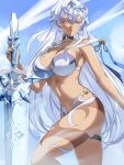  1girl absurdres bikini breasts choker dark-skinned_female dark_skin epic_seven greatsword hair_between_eyes hair_ornament highres holding holding_sword holding_weapon i_a_n large_breasts lethe_(epic_seven) long_hair looking_at_viewer navel red_eyes solo swimsuit sword weapon 