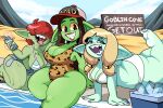  big_butt breasts butt cleavage clothed clothing english_text female freckles goblin group hair hair_over_eyes hat headgear headwear hi_res humanoid not_furry one-piece_swimsuit red_hair superspoe swimwear text thick_thighs trio 