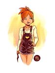  1girl animal_print artist_request bat_print batarang batgirl batman_(series) closed_mouth commentary dc_comics english_commentary highres insignia mikemaihack official_art orange_hair overalls red_hair shorts simple_background sketch smile solo white_background 
