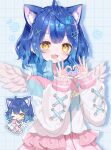  1girl :d absurdres ahoge amamiya_kokoro animal_ear_fluff animal_ears blue_background blue_hair blue_jacket blush braid cat_ears chibi chibi_inset commentary extra_ears fang feathered_wings fuinagi_(huyuu_mm) grid_background hair_ornament hands_up heart heart_hair_ornament heart_hands highres holding holding_heart jacket long_sleeves looking_at_viewer multicolored_clothes multicolored_jacket nijisanji open_mouth pink_jacket pink_skirt sidelocks simple_background skin_fang skirt smile star_(symbol) symbol-only_commentary upper_body virtual_youtuber white_jacket white_wings wings x_hair_ornament yellow_eyes zipper 