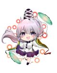  1girl 2dio9gwjal28761 :d absurdres black_footwear black_hat blush chibi full_body grey_eyes grey_hair hat highres japanese_clothes kariginu long_hair looking_at_viewer mononobe_no_futo open_mouth plate ponytail purple_skirt simple_background skirt smile solo tate_eboshi touhou white_background 