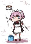  1girl alternate_costume apron black_dress blue_eyes bucket commentary_request curse_(023) dated dress enmaided frilled_apron frills full_body hand_on_own_hip kantai_collection maid maid_headdress mop pink_hair shiranui_(kancolle) short_hair solo standing thighhighs translation_request white_apron white_thighhighs 