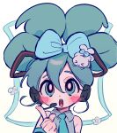  :o absurdres aqua_eyes aqua_hair aqua_necktie aqua_ribbon black_headphones blue_bow blush bow bright_pupils cinnamoroll detached_sleeves dot_nose double-parted_bangs facing_viewer flower hair_between_eyes hair_bow hand_up hatsune_miku headphones headset highres kerberos_(kerbe_) long_hair looking_up microphone necktie open_mouth pointing portrait raised_eyebrows ribbon shirt simple_background sleeveless sleeveless_shirt straight-on teeth twintails upper_teeth_only vocaloid white_background wing_collar 